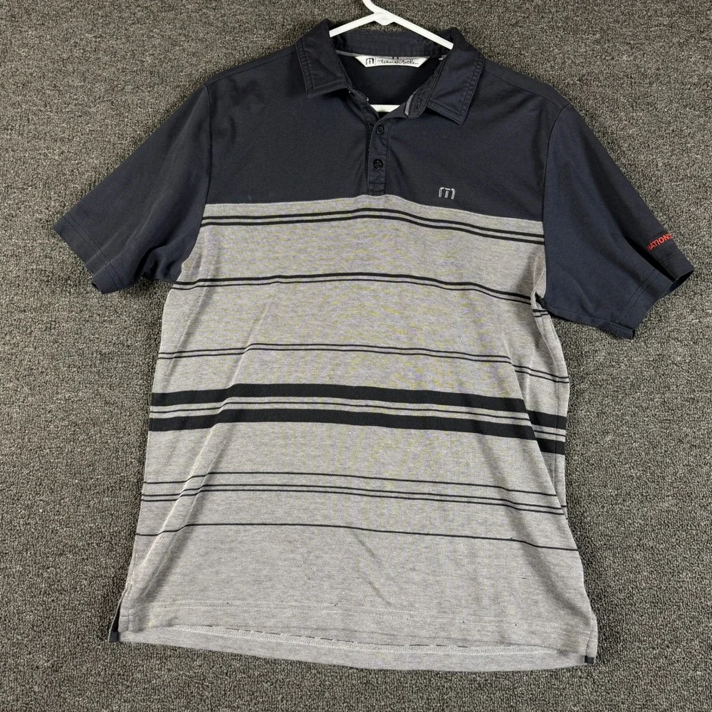TravisMathew Mens Medium Navy Blue Grey Striped Pima Cotton Blend Polo Shirt